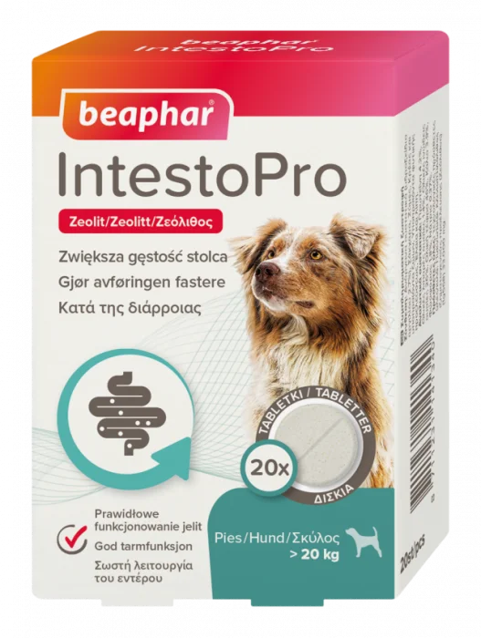 Beaphar IntestoPro Tabletter Hund Over 20 kg er et tilskuddsfôr for hunder som bidrar til å lindre forstyrrelser i mage- og tarmkanalen. Tablettene kan brukes fra 8 ukers alder og til hunder med vekt over 20 kg. Den naturlige hovedingrediensen zeolitt bid v:6453238