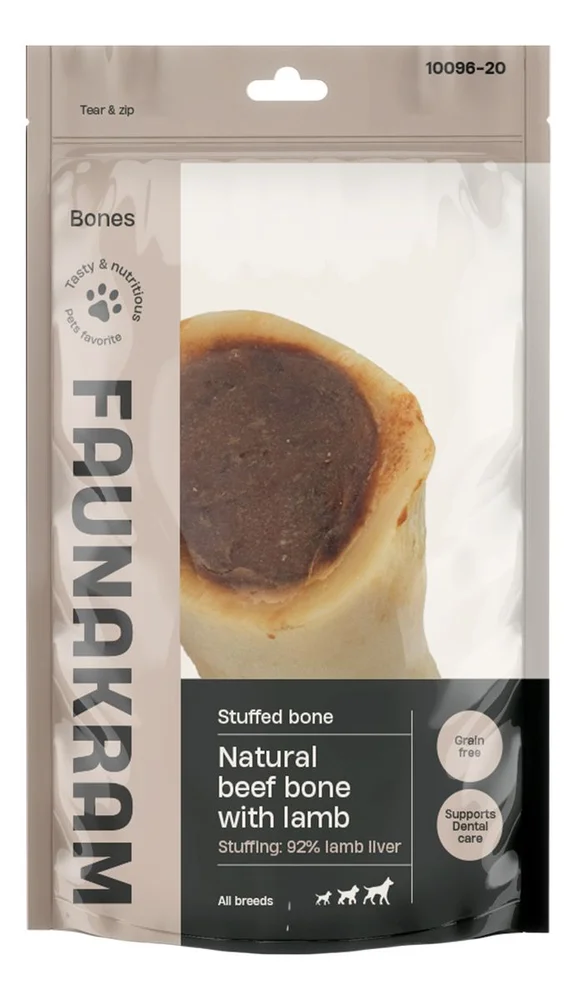 Faunakram Natural Beef Bone stuffed with 92% Lamb Liver – 200 g. v:6915102 Faunakram Natural Beef Bone stuffed with 92% Lamb Liver – 200 g. v:6915102