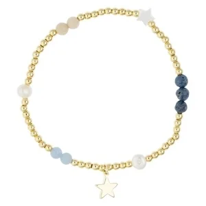 DARK Metal Bead Bracelet With Stone Beads & Pearls Blue & Sand Mix v:7826123