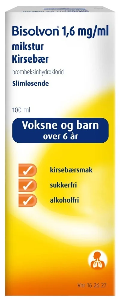 Bisolvon mikstur 1,6 mg/ml kirsebær – 100 ml. v:6873626 Bisolvon mikstur 1,6 mg/ml kirsebær – 100 ml. v:6873626
